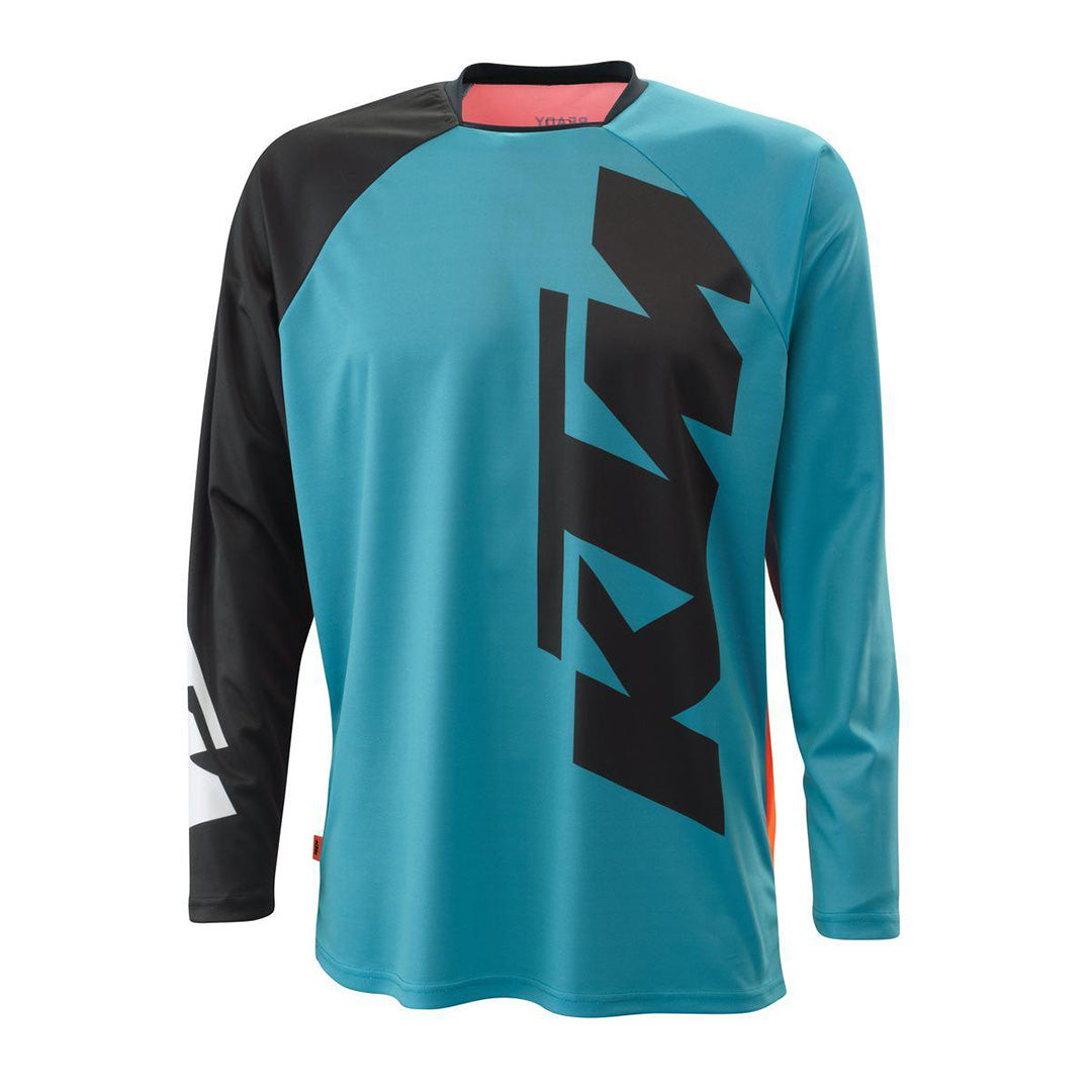 Camiseta KTM Pounce Azul: Rendimiento offroad impecable con tejido ventilado de PE, mangas raglán y estampados UV resistentes. ¡Aventura sin límites!